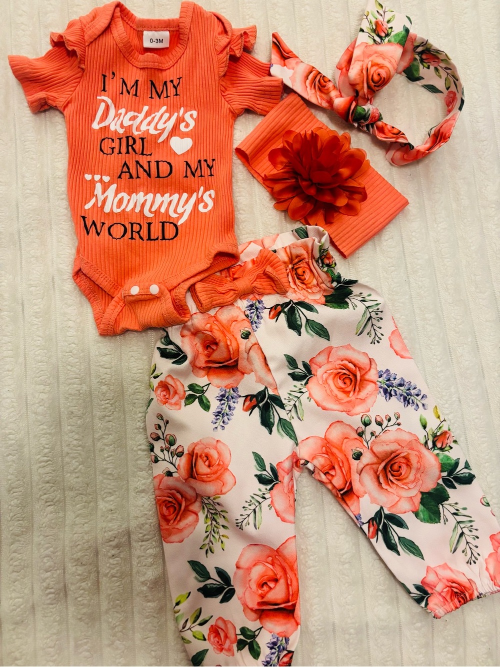 SHEIN Orange Floral Baby Girls 3-Piece Outfit with Headbands
